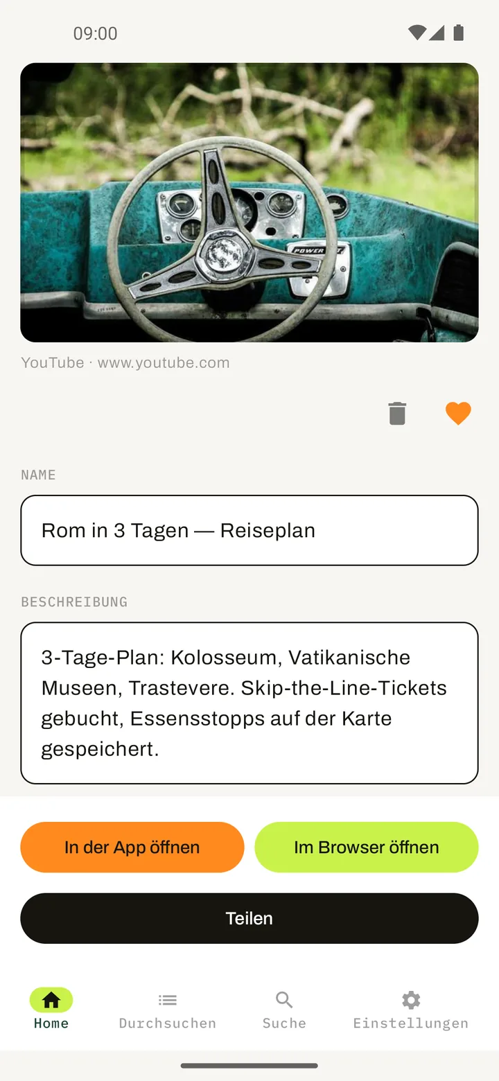 Elephant — Detailansicht eines gespeicherten Links mit bearbeitbarem Namen und Beschreibung