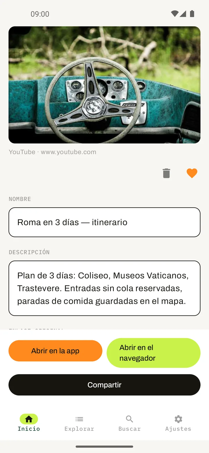 Elephant — detalle de un enlace guardado, con nombre y descripción editables