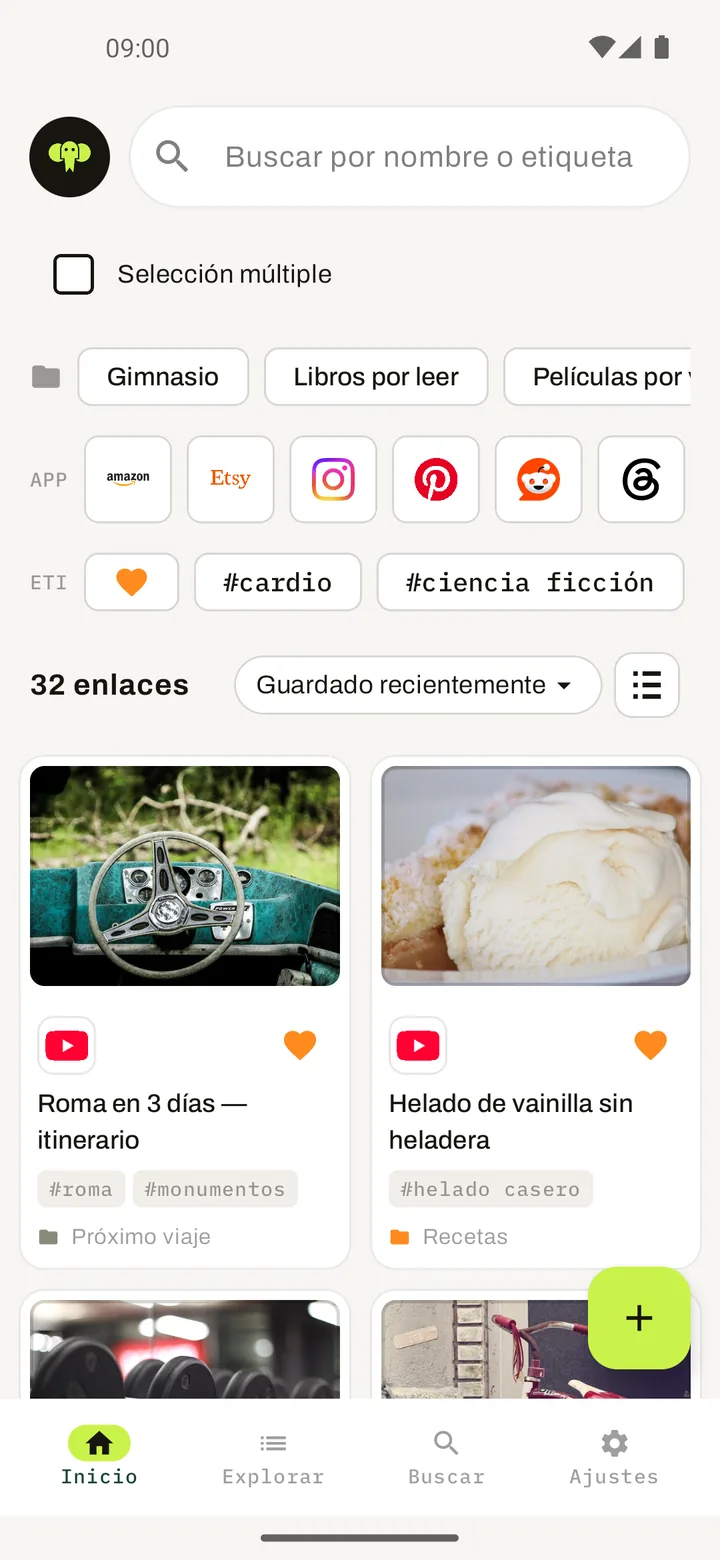 Elephant — tu biblioteca de enlaces guardados, con carpetas, plataformas y etiquetas