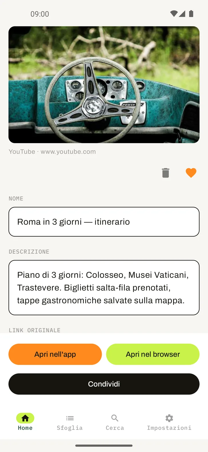 Elephant — dettaglio di un link salvato, con nome e descrizione modificabili